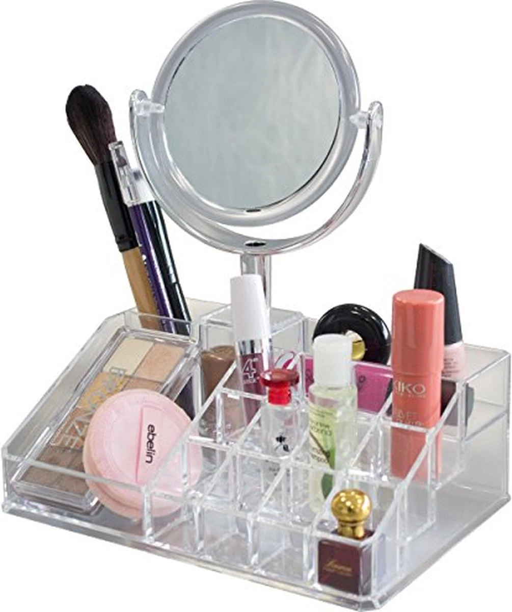 Oxid7® Organizer Voor Cosmetica Acryl - 25,5x22,5x15 Cm - 16 Vakken En Spiegel Met 3x Vergroting - Afbeelding 2