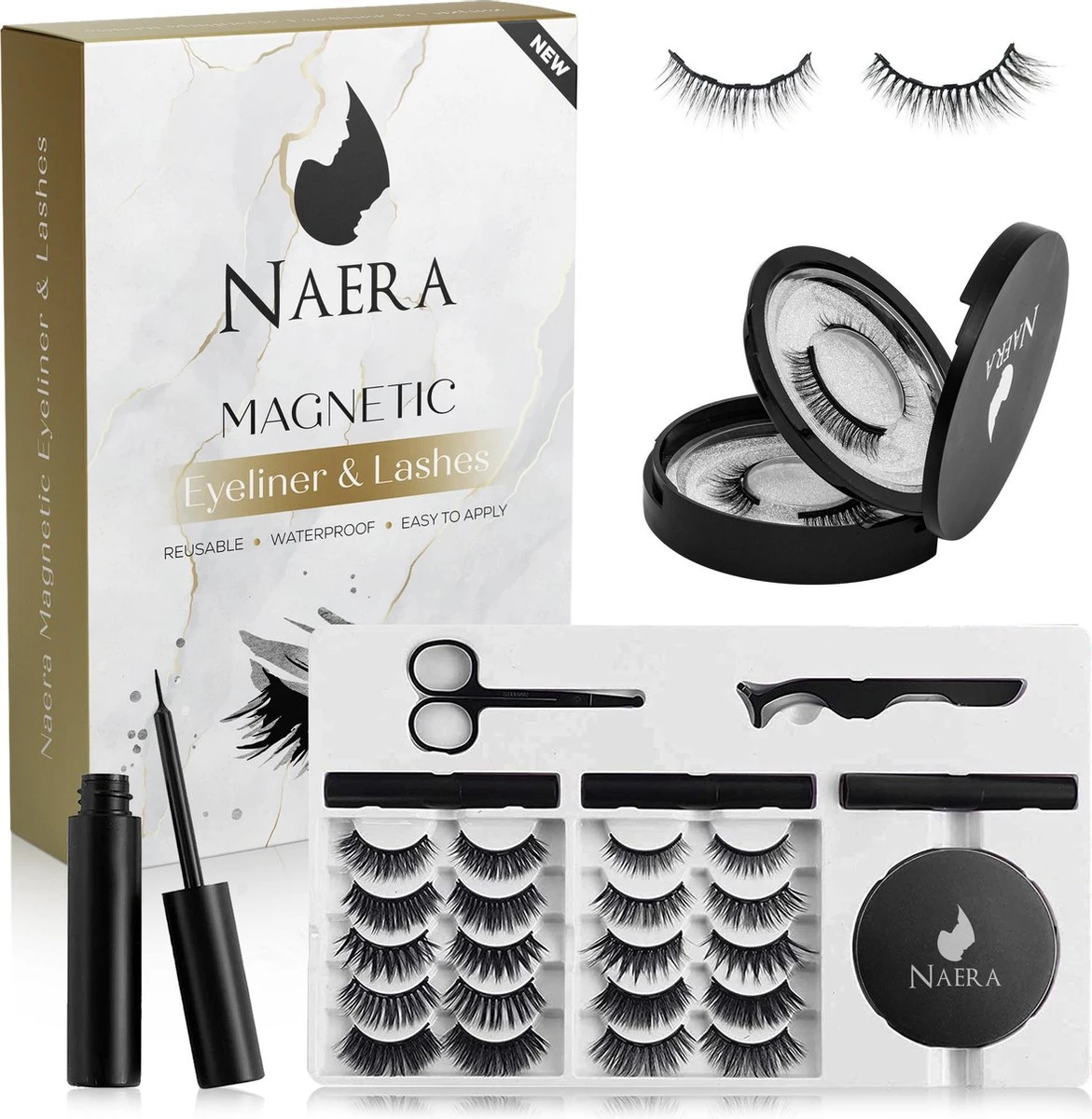 Naera Magnetische Wimpers Set - Inclusief Wimperzetter, Wimperhouder, Wimperschaar En 3 Flesjes Waterproof Eyeliner - 30 Keer Herbruikbaar - 12 Paar