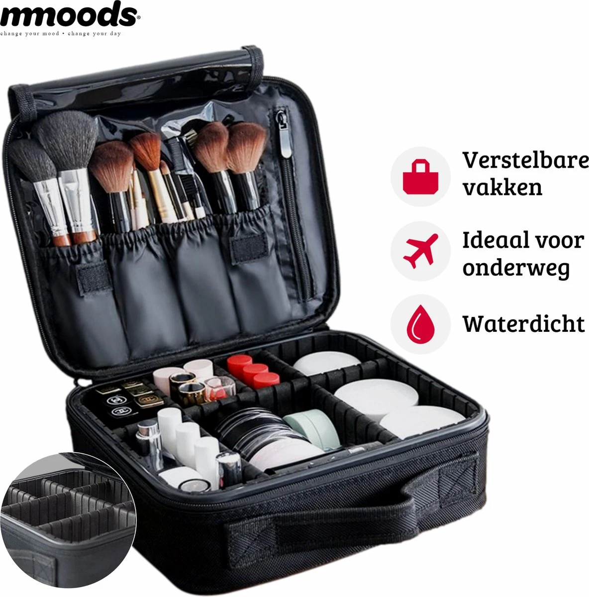 Mmoods Make-up Koffer – Make Up Tas Reizen – Makeup Organizer Verstelbaar -Beautycase Waterdicht – Make-up Tasje Voor Onderweg – Toilettas Voor Cosmetica Zwart