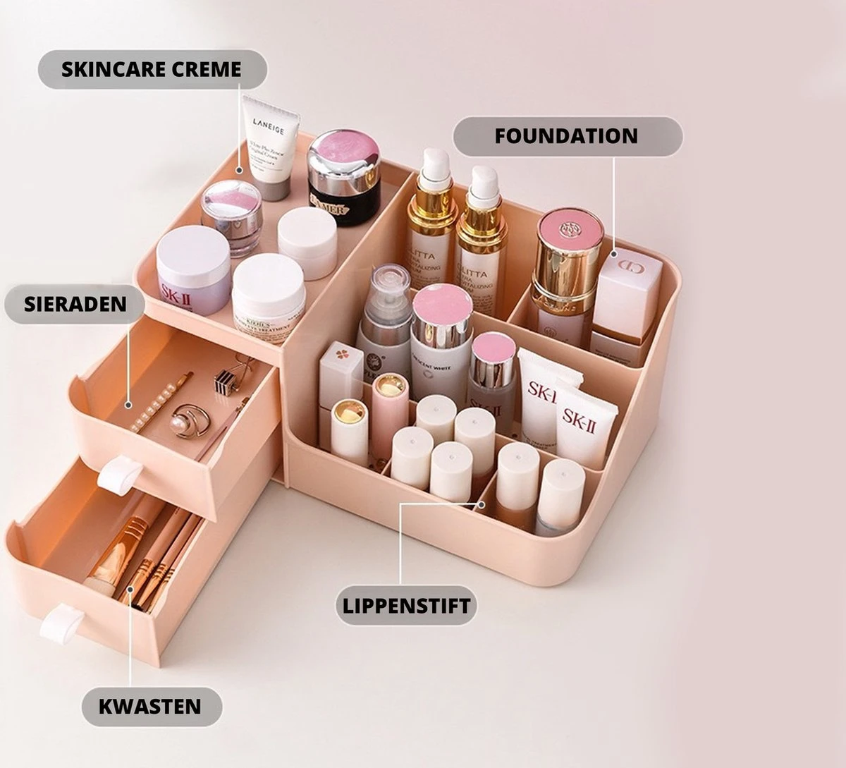 Make-Up Organizer - Cosmetica - Opbergdoos - Roze - Nagellak - Creme - Sieraden - Pennenbakje - Bureau - Organizers - Make Up - Afbeelding 2