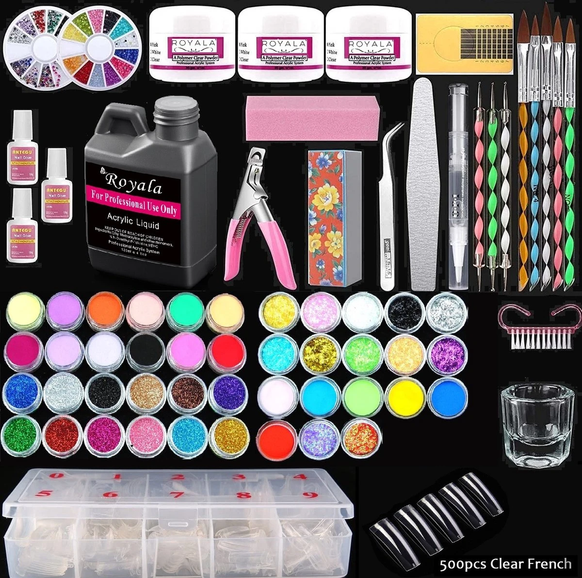 Royala Acrylnagels StarterSet - 500 Clear French Tips - Nagellijm - Nailart - 3 Colors Acryl Poeders - StarterSet - Nepnagels - Manicure Set Voor Nail Art Kit - Nagel Decoratie - Acryl Poeders - Acryl Vloeistof- Monomer - Afbeelding 8