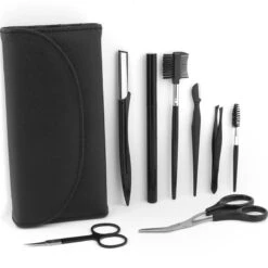 Wenkbrauw Trimmer Set - 8-delig – Met Epileer Pincet, 2x Wenkbrauw Schaartje, 2x Wenkbrauwmesje, Wenkbrauw Borstel, Wenkbrauwpotlood, Spoolie – In Stevige Etui - Zwart