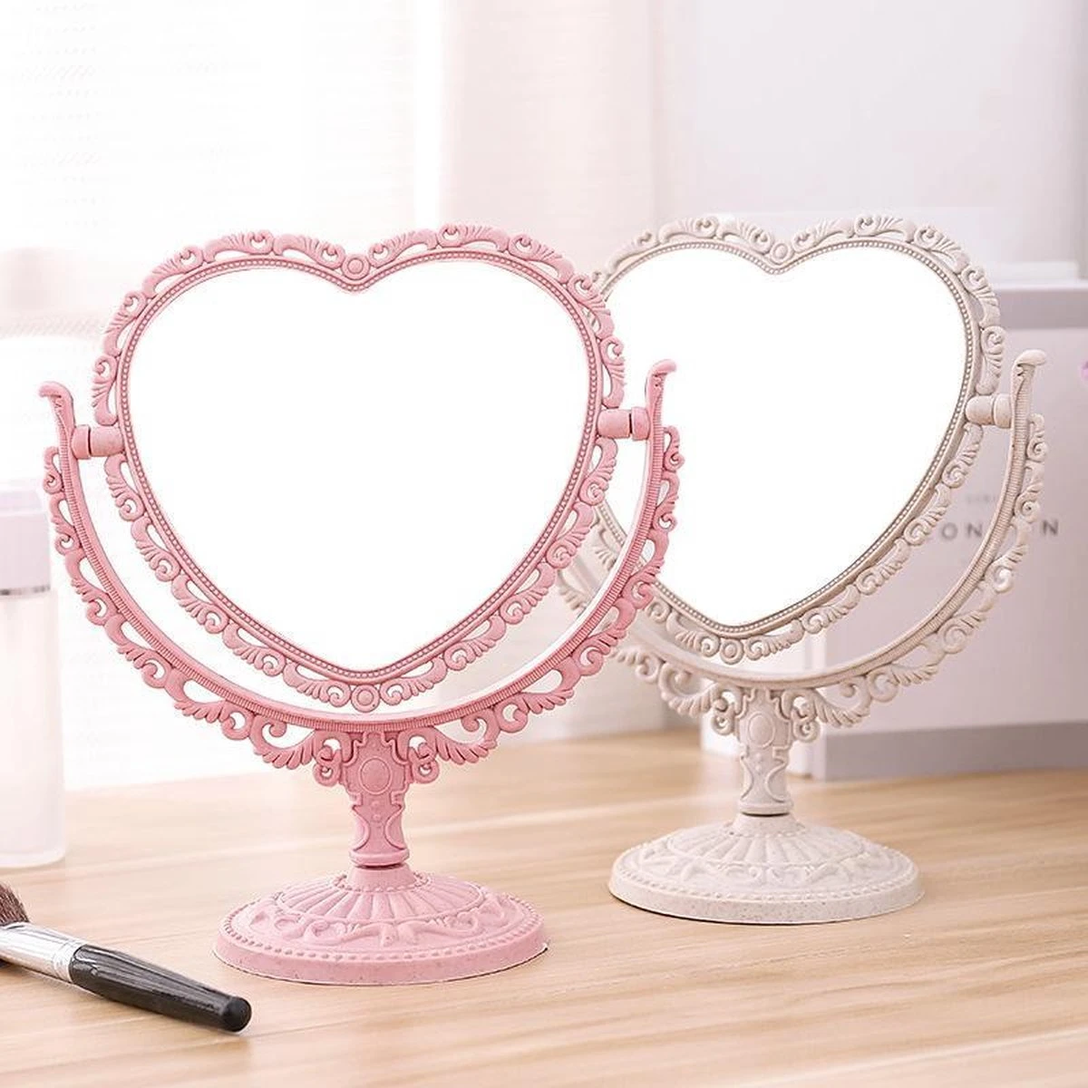 Kawaii Roze Makeup Spiegel - Hart Spiegel - Dubbelzijdig - Makeup Mirror