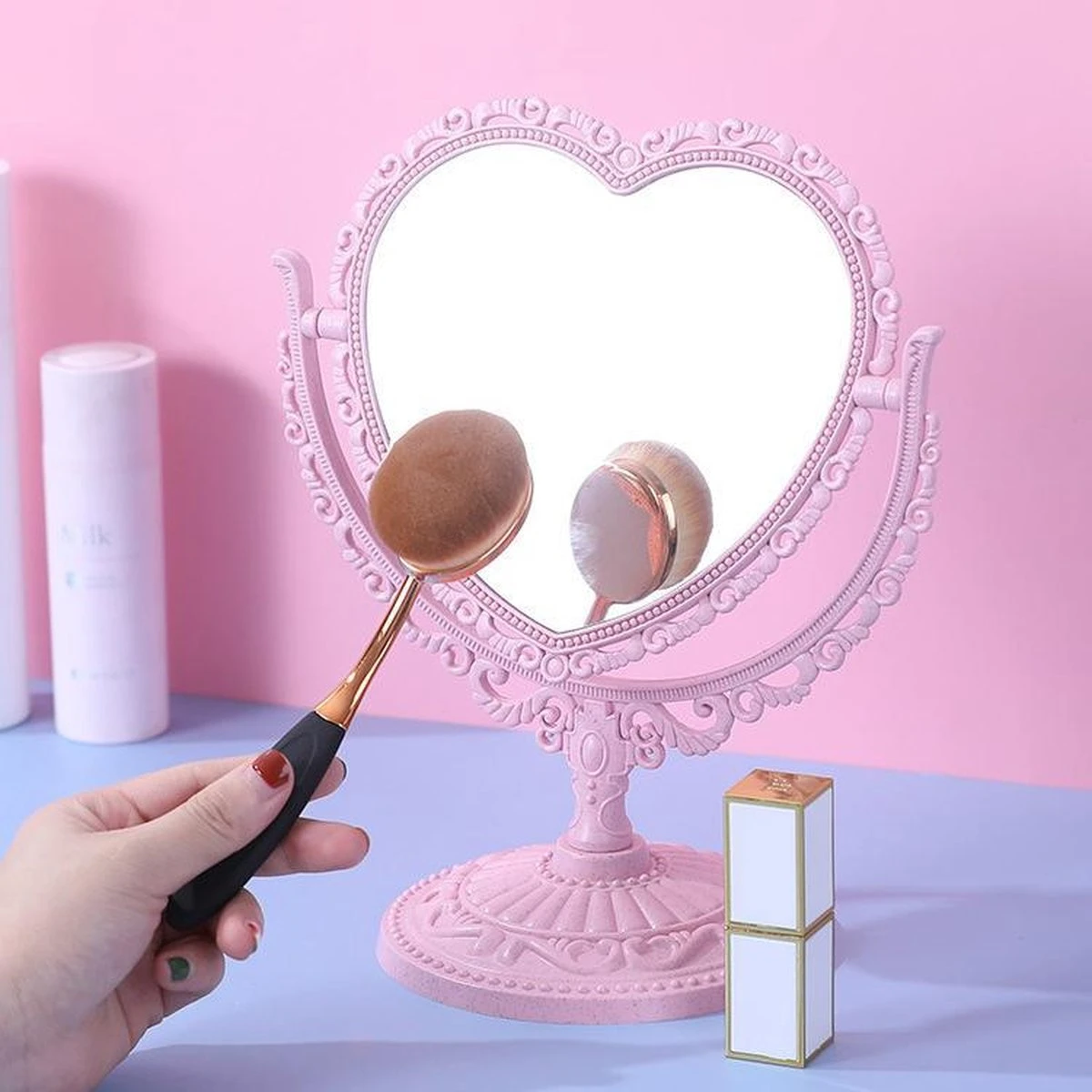 Kawaii Roze Makeup Spiegel - Hart Spiegel - Dubbelzijdig - Makeup Mirror - Afbeelding 2