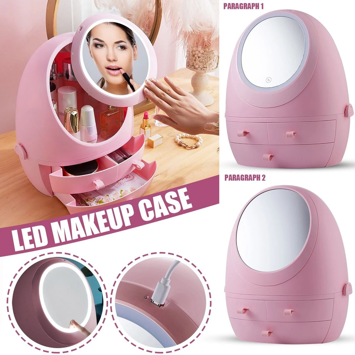 Make Up Organizer Met Make Up Spiegel En Led Verlichting | Usb Opladen Make-Up Tool Organizer Cosmetische Opbergdoos Draagbare Lade Led Spiegel Make-Up Tool Kits Opbergrek Maquillage | Make Up Spiegel Met Verlichting | Make Up Organizer Lades - Roze - Afbeelding 2