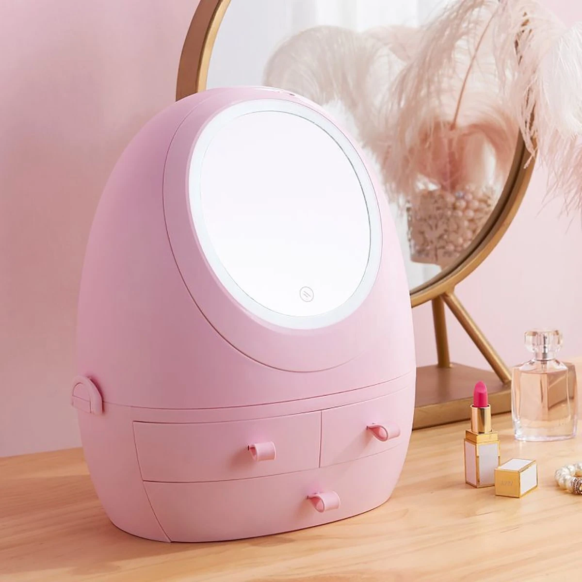 Make Up Organizer Met Make Up Spiegel En Led Verlichting | Usb Opladen Make-Up Tool Organizer Cosmetische Opbergdoos Draagbare Lade Led Spiegel Make-Up Tool Kits Opbergrek Maquillage | Make Up Spiegel Met Verlichting | Make Up Organizer Lades - Roze - Afbeelding 4