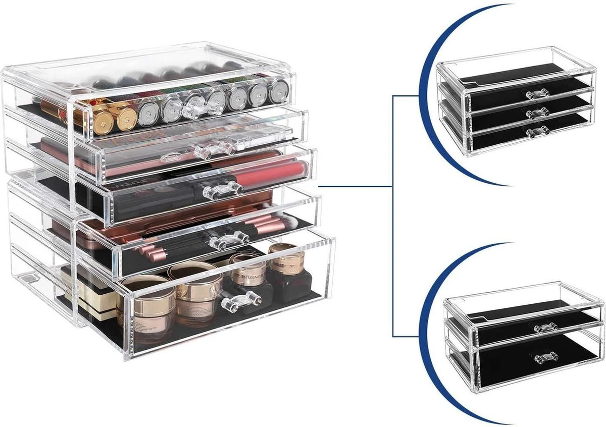 SONGMICS Make-up Organiser, 2-delige Opbergdozen Voor Sieraden En Cosmetica, Stapelbaar, Met 5 Laden, Transparant Polystyreen JMU32TP - Afbeelding 3