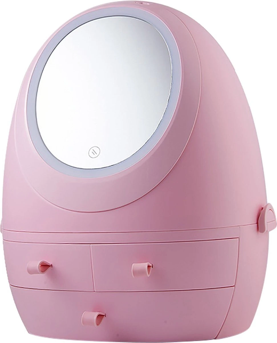 Make Up Organizer Met Make Up Spiegel En Led Verlichting | Usb Opladen Make-Up Tool Organizer Cosmetische Opbergdoos Draagbare Lade Led Spiegel Make-Up Tool Kits Opbergrek Maquillage | Make Up Spiegel Met Verlichting | Make Up Organizer Lades - Roze - Afbeelding 3